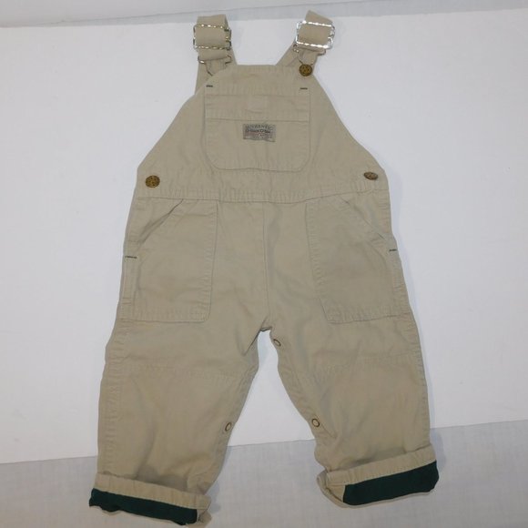 Oshkosh B'gosh Boys 12M Khaki Tan Overalls Green Rollup Cuffs Adjustable - Picture 2 of 10